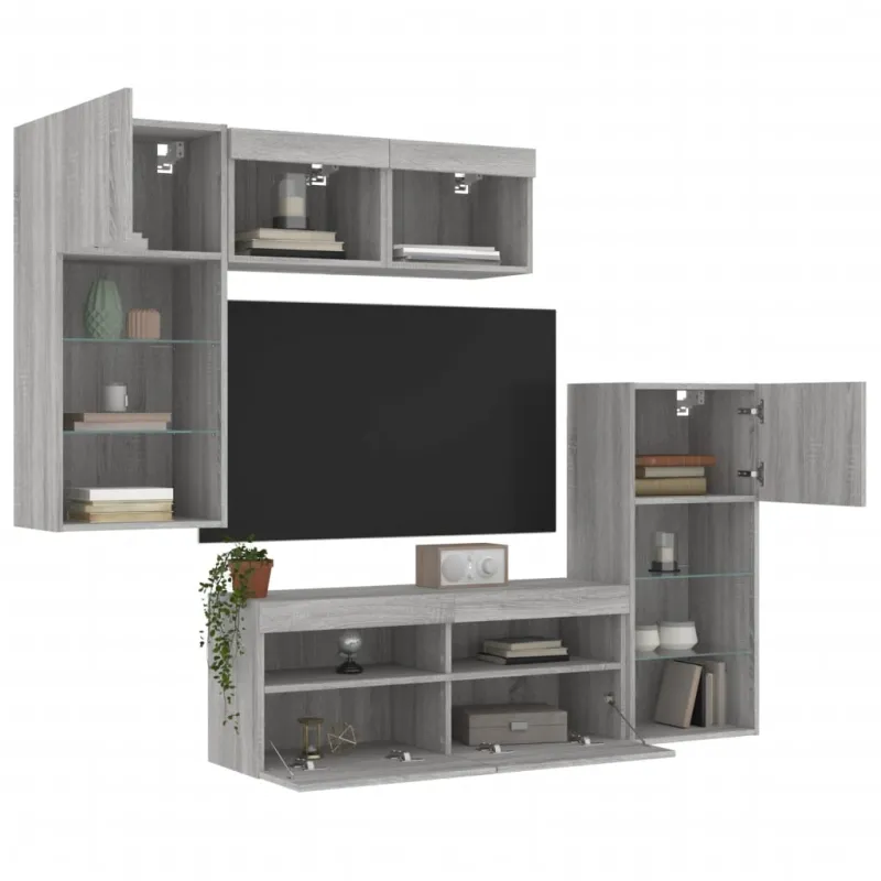 Sieninė TV sekcija su LED, 5 dalių, pilka ąžuolo, mediena