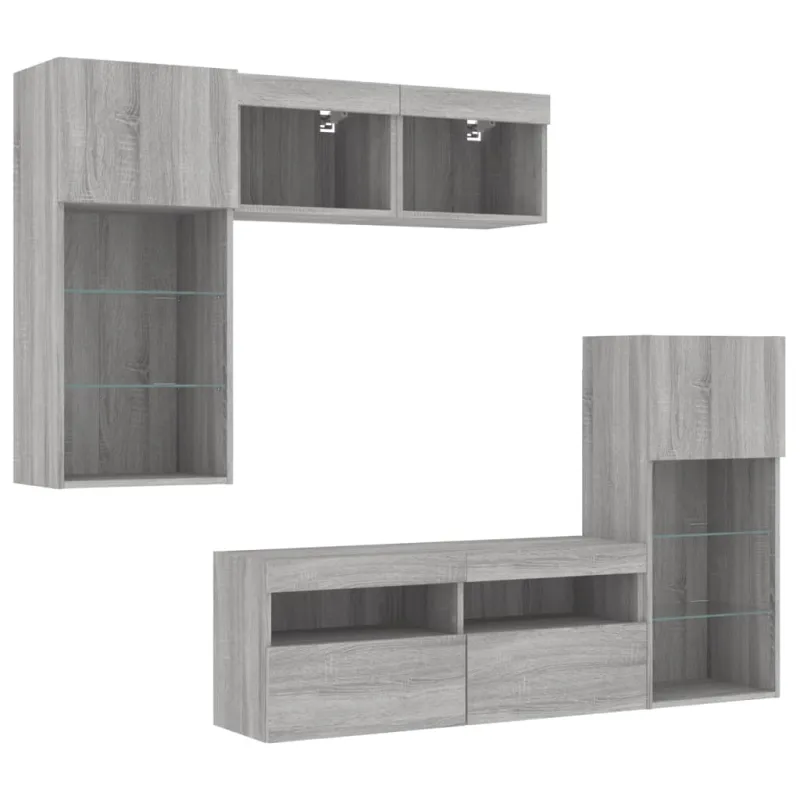 Sieninė TV sekcija su LED, 5 dalių, pilka ąžuolo, mediena