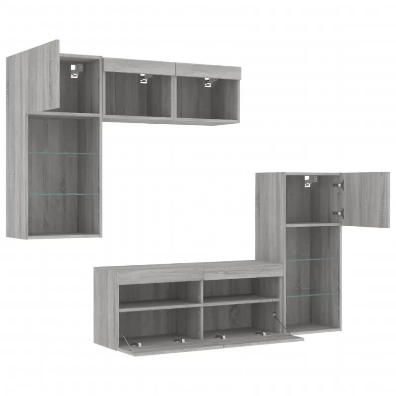 Sieninė TV sekcija su LED, 5 dalių, pilka ąžuolo, mediena