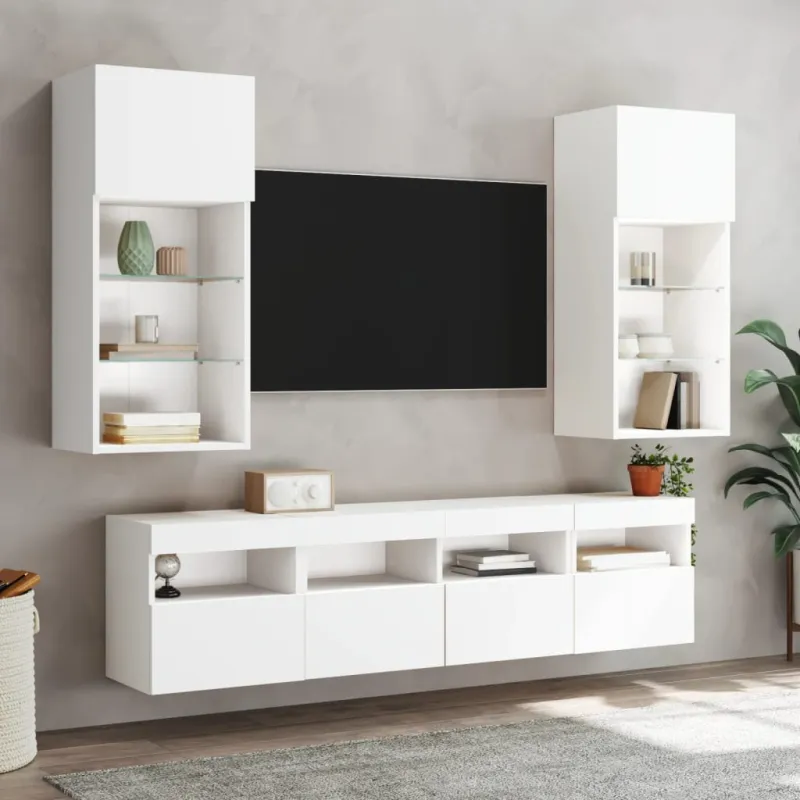 Sieninė TV sekcija su LED, 5 dalių, balta, apdirbta mediena