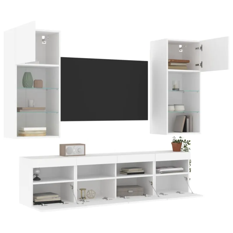 Sieninė TV sekcija su LED, 5 dalių, balta, apdirbta mediena