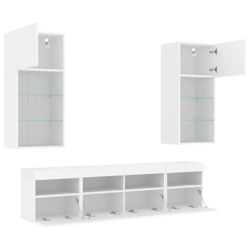 Sieninė TV sekcija su LED, 5 dalių, balta, apdirbta mediena
