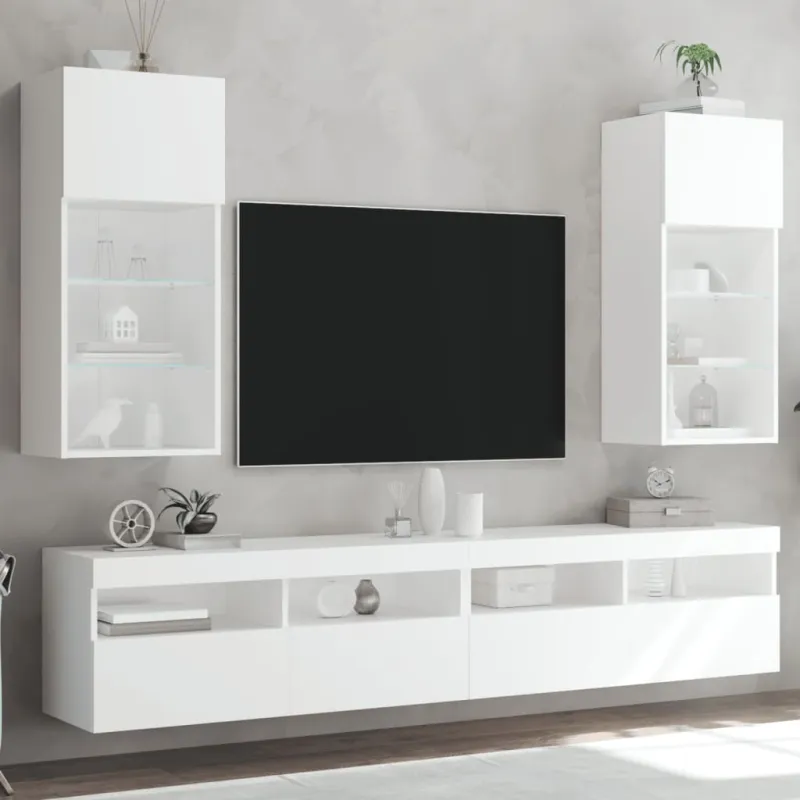 TV spintelės su LED lemputėmis, 2vnt., baltos, 40,5x30x90cm
