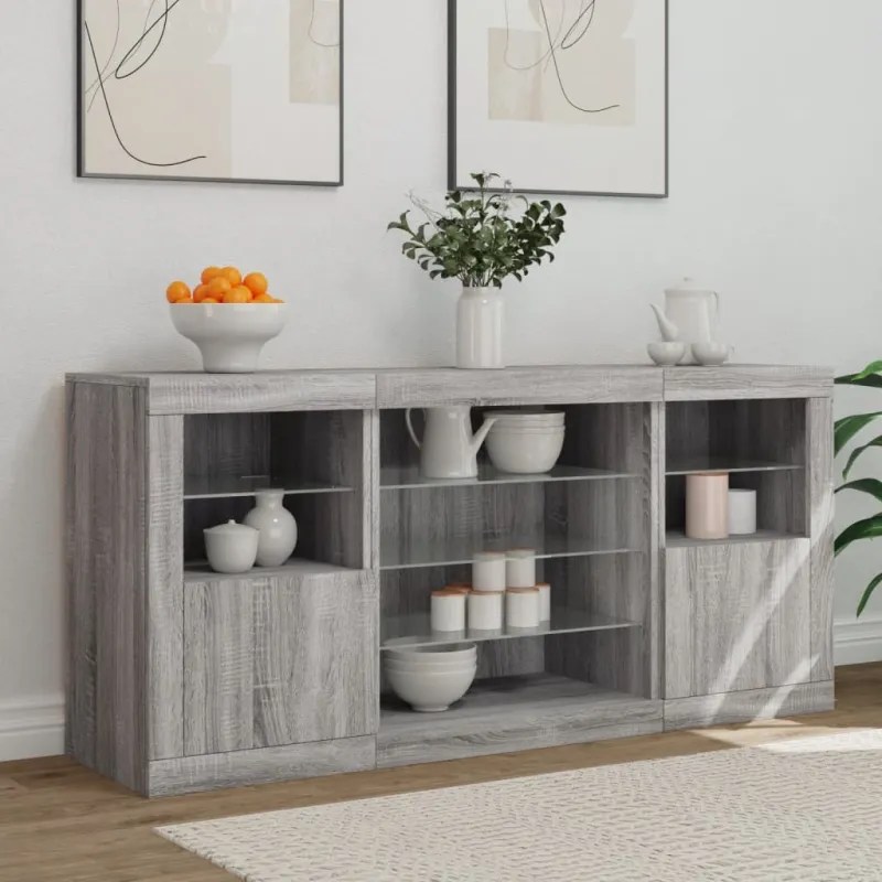 Šoninė spintelė su LED lemputėmis, pilka ąžuolo, 142,5x37x67cm