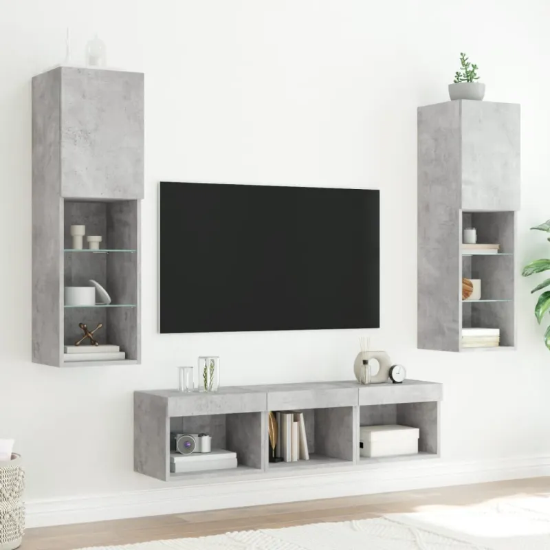 Sieninė TV sekcija su LED, 5 dalių, betono, apdirbta mediena