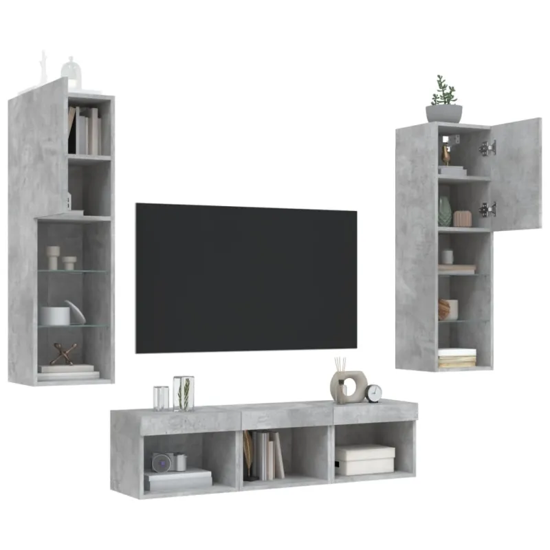 Sieninė TV sekcija su LED, 5 dalių, betono, apdirbta mediena