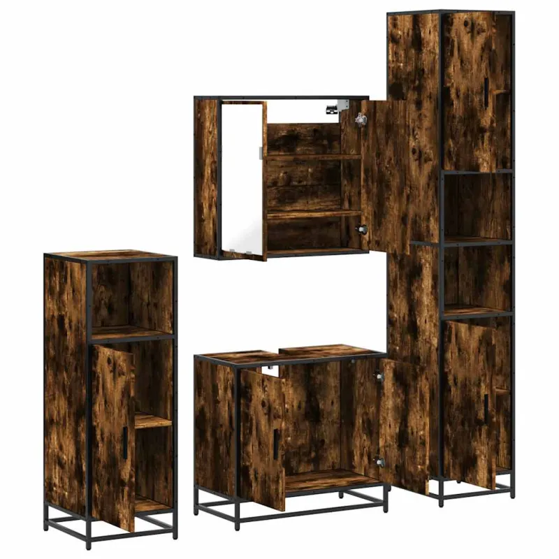 Vonios baldų komplektas, 4 dalių, dūminio ąžuolo, mediena