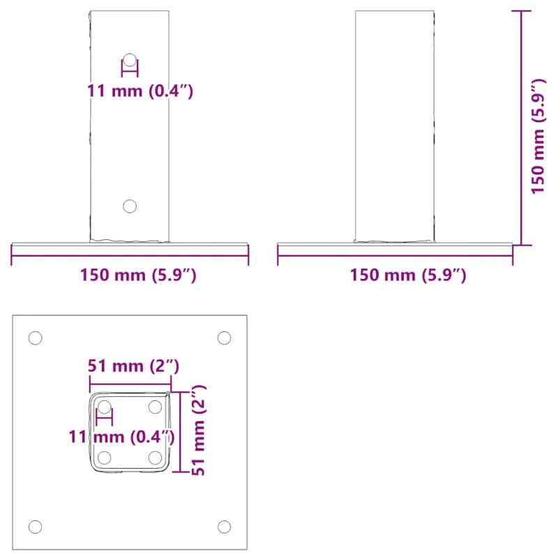 Stulpų pagrindai kvadratiniai, 4vnt., sidabriniai, 51x51mm