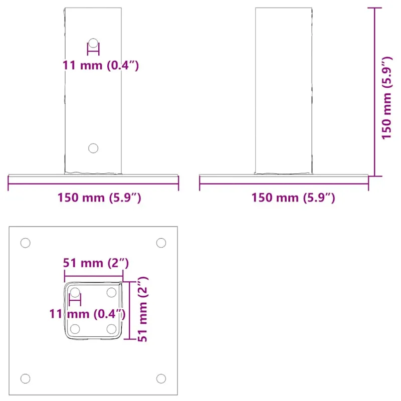 Stulpų pagrindai kvadratiniai, 12vnt., sidabriniai, 51x51mm