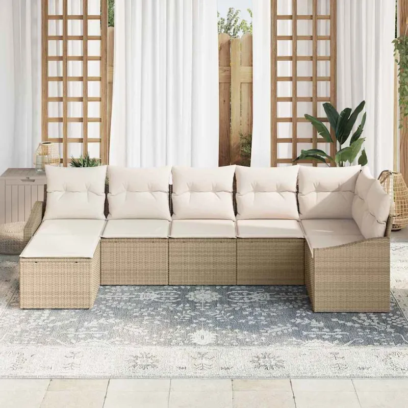 Sodo sohvaryhmä 7 osaa beige ja kermaisen väristä polyrattanaa