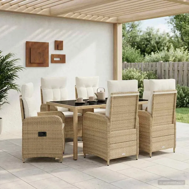 Lauko valgomojo komplektas 7 pcs Bežė ir kreminė balta