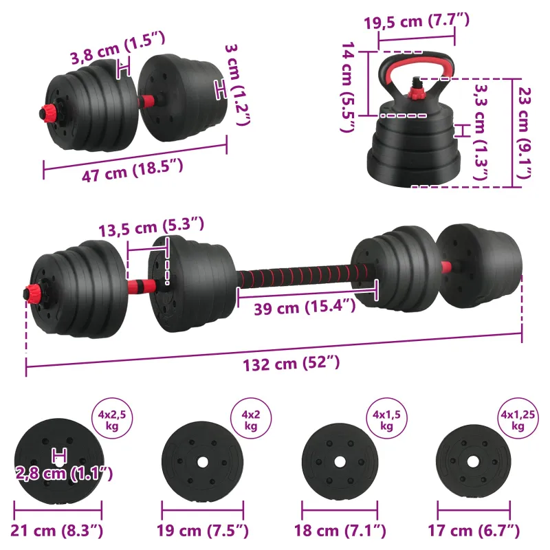 4-in-1 hantelių rinkinys 40kg Juoda ir raudona