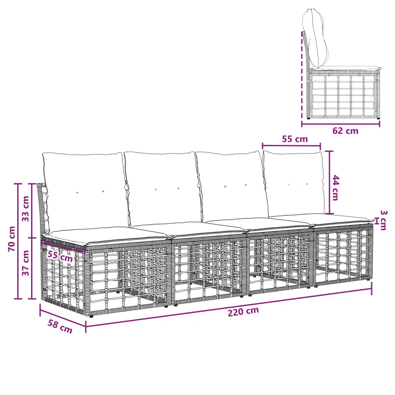 4 sėdimų vietų sodo sofa be rankų 4 pcs 4-Vietų skaičius Juoda