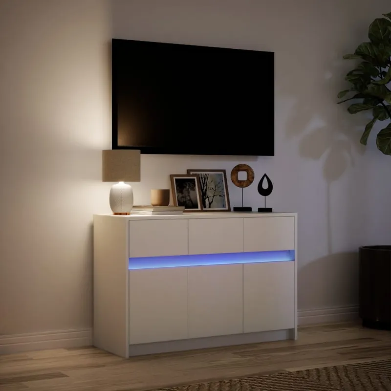Televizoriaus spintelė su LED, balta, 91x34x61cm, mediena