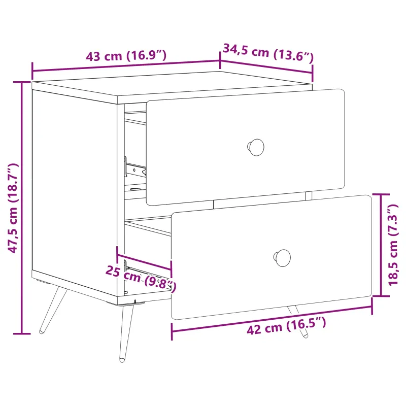 Šalia lovos spintelė su stalčių 2 pcs Balta 43 x 34,5 x 47,5 cm