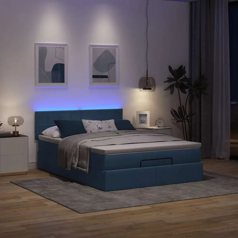 Osmanų lova su čiužiniu ir LED Mėlynas 140x190cm audinys