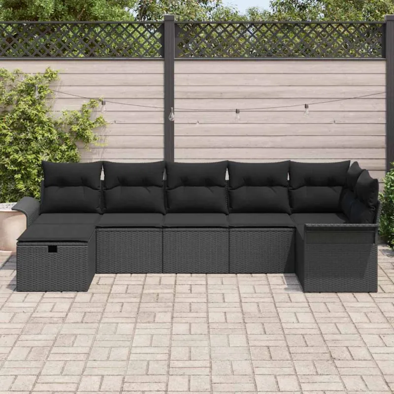 Sodo Sofų Rinkinys su pagalve 7 pcs Juoda poliratanas