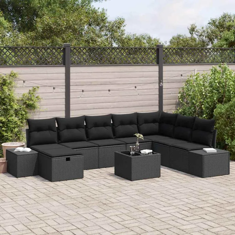 Sodo Sofų Rinkinys su pagalve 9 pcs Juoda Poli ratanas