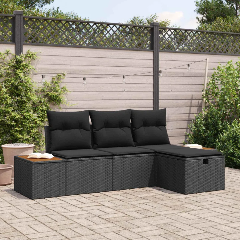 Sodo Sofų Rinkinys su pagalve 4 pcs Juoda poliratanas
