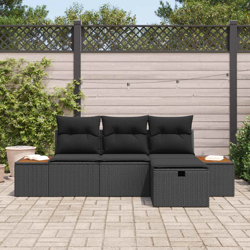 Sodo Sofų Rinkinys su pagalve 4 pcs Juoda poliratanas