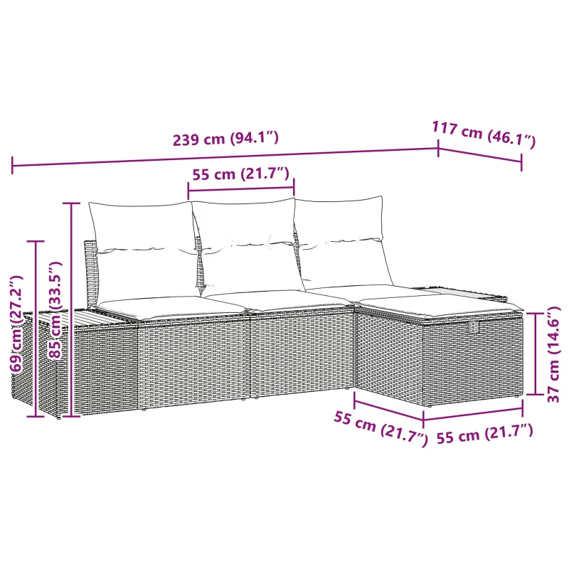 Sodo Sofų Rinkinys su pagalve 4 pcs Juoda poliratanas
