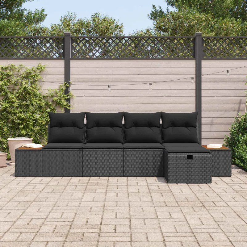 Sodo Sofų Rinkinys su pagalve 5 pcs Juoda Poli ratanas