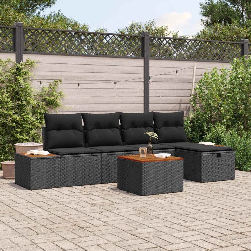 Sodo Sofų Rinkinys su pagalve 6 pcs Juoda Poli ratanas