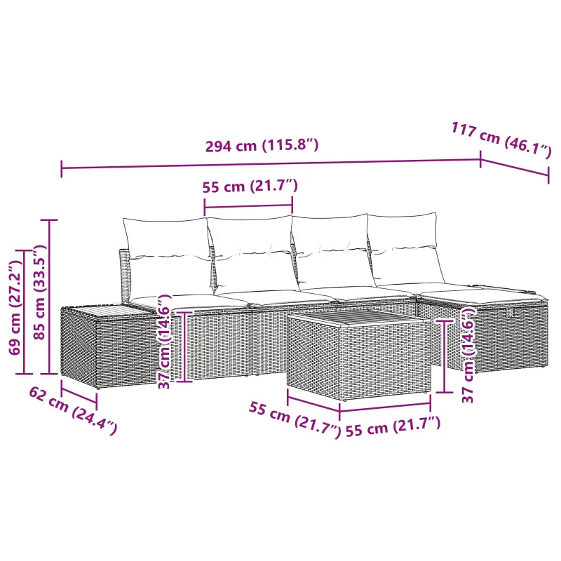 Sodo Sofų Rinkinys su pagalve 6 pcs Juoda Poli ratanas