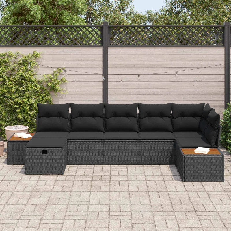 Sodo Sofų Rinkinys su pagalve 7 pcs Juoda Poli ratanas