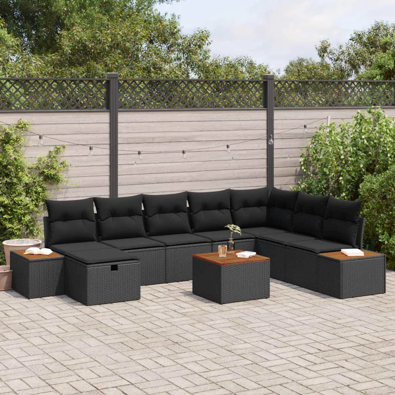 Sodo Sofų Rinkinys su pagalve 9 pcs Juoda Poli ratanas