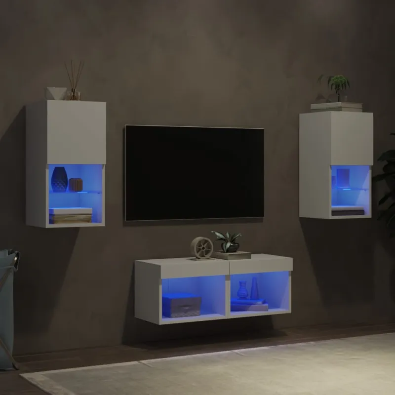 Sieninės TV spintelės su LED lemputėmis, 4 dalių, baltos