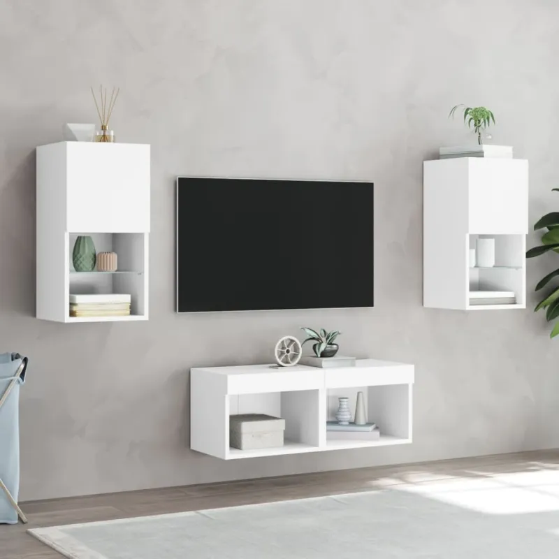 Sieninės TV spintelės su LED lemputėmis, 4 dalių, baltos