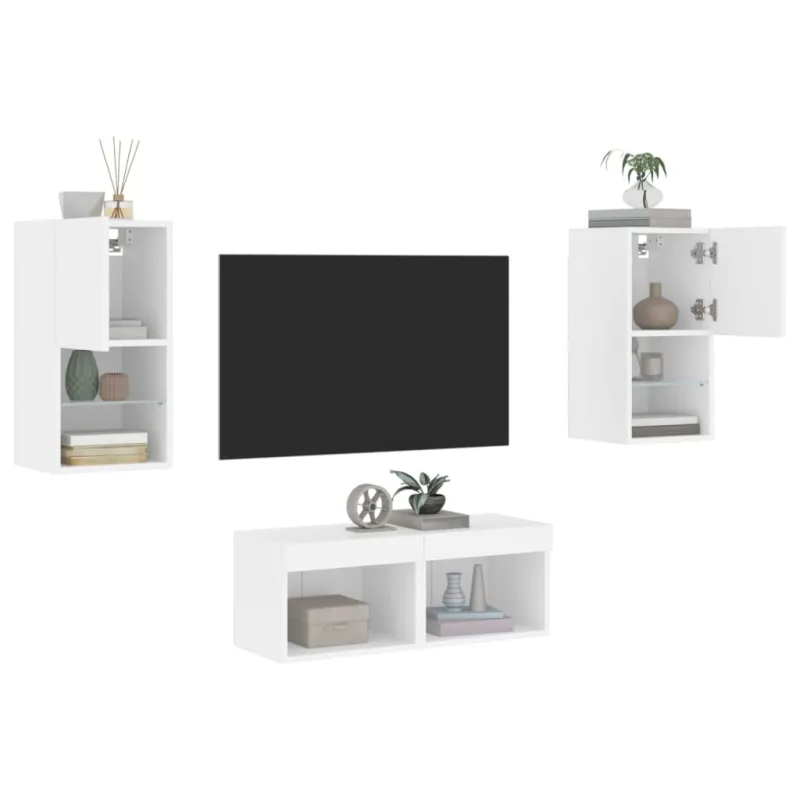 Sieninės TV spintelės su LED lemputėmis, 4 dalių, baltos