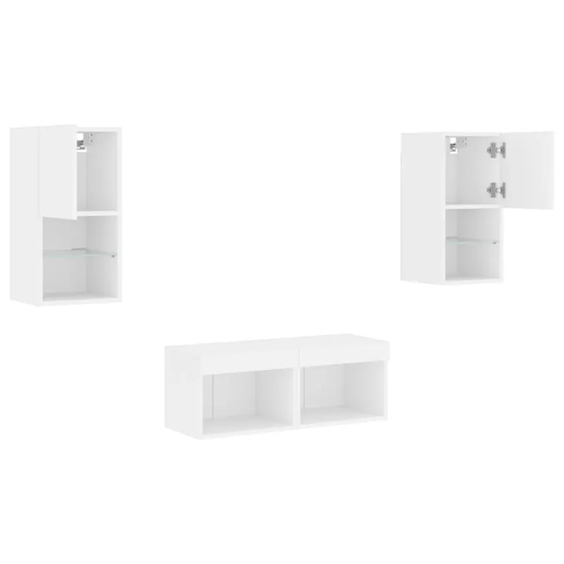 Sieninės TV spintelės su LED lemputėmis, 4 dalių, baltos