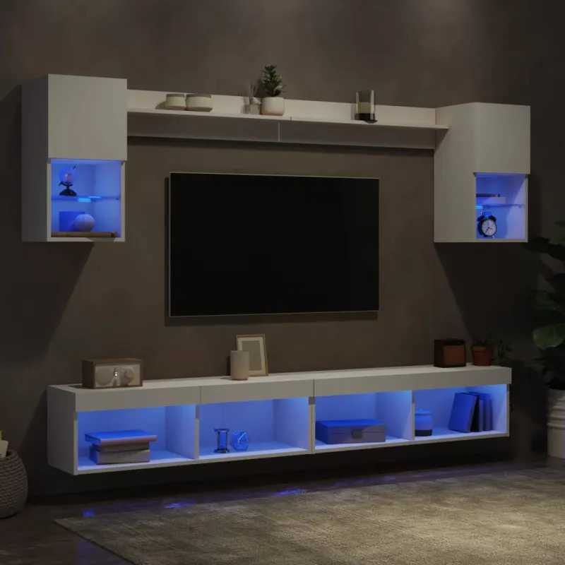 Sieninė TV sekcija su LED, 6 dalių, balta, apdirbta mediena