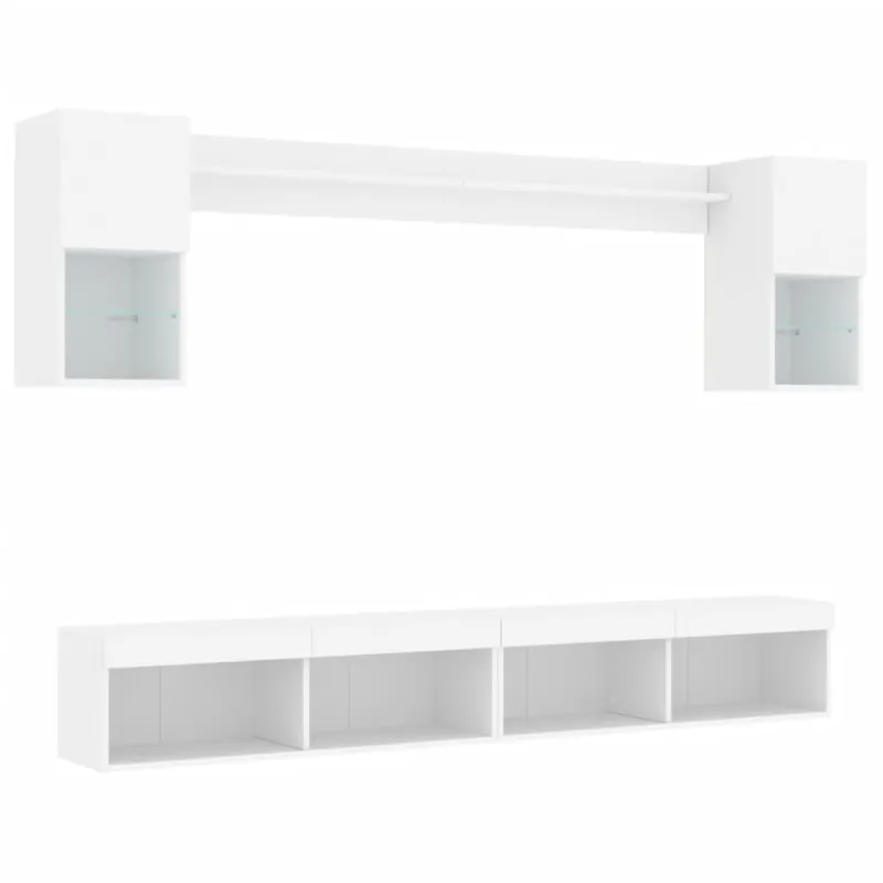 Sieninė TV sekcija su LED, 6 dalių, balta, apdirbta mediena