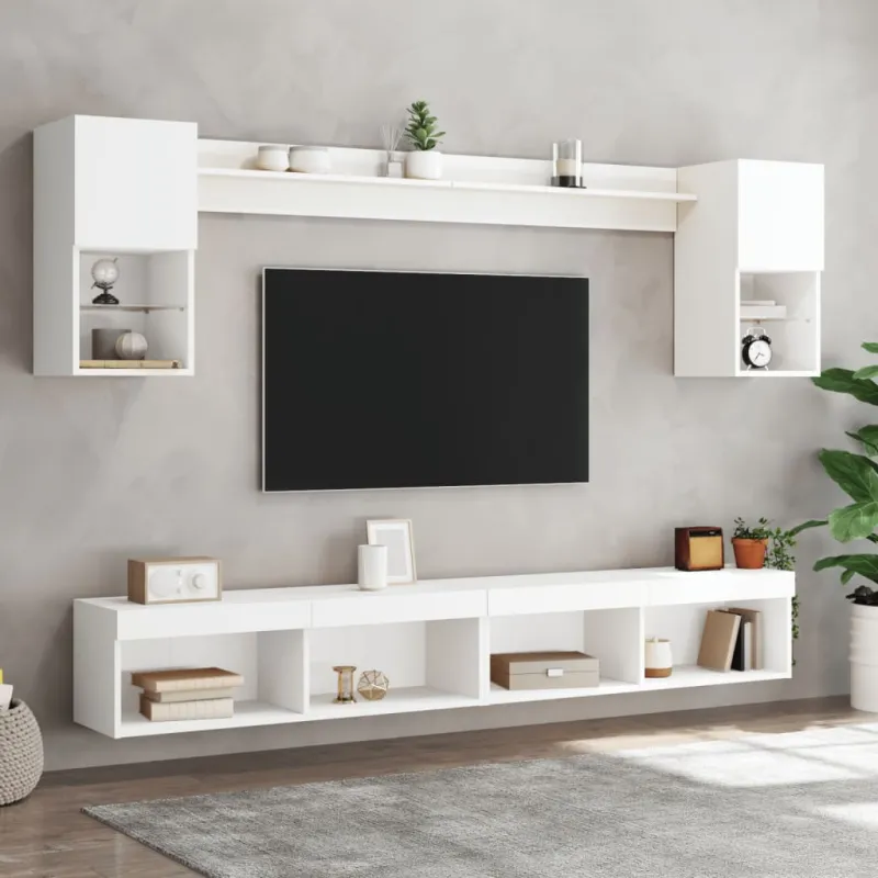 Sieninė TV sekcija su LED, 6 dalių, balta, apdirbta mediena