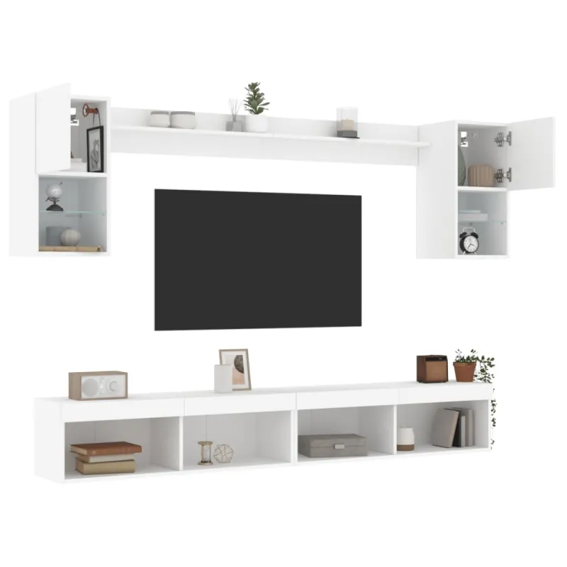 Sieninė TV sekcija su LED, 6 dalių, balta, apdirbta mediena