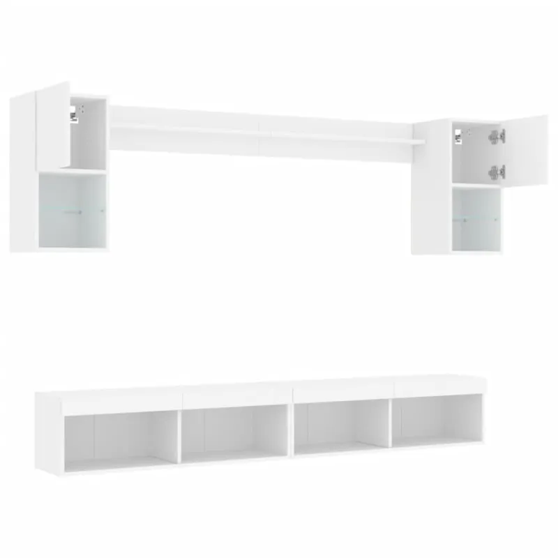 Sieninė TV sekcija su LED, 6 dalių, balta, apdirbta mediena
