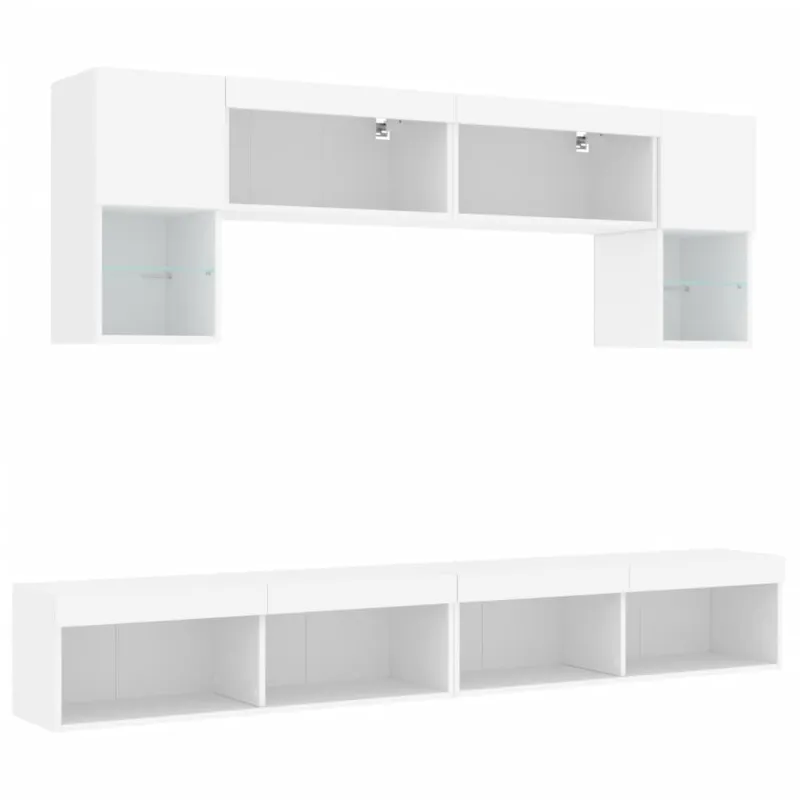 Sieninė TV sekcija su LED, 6 dalių, balta, apdirbta mediena