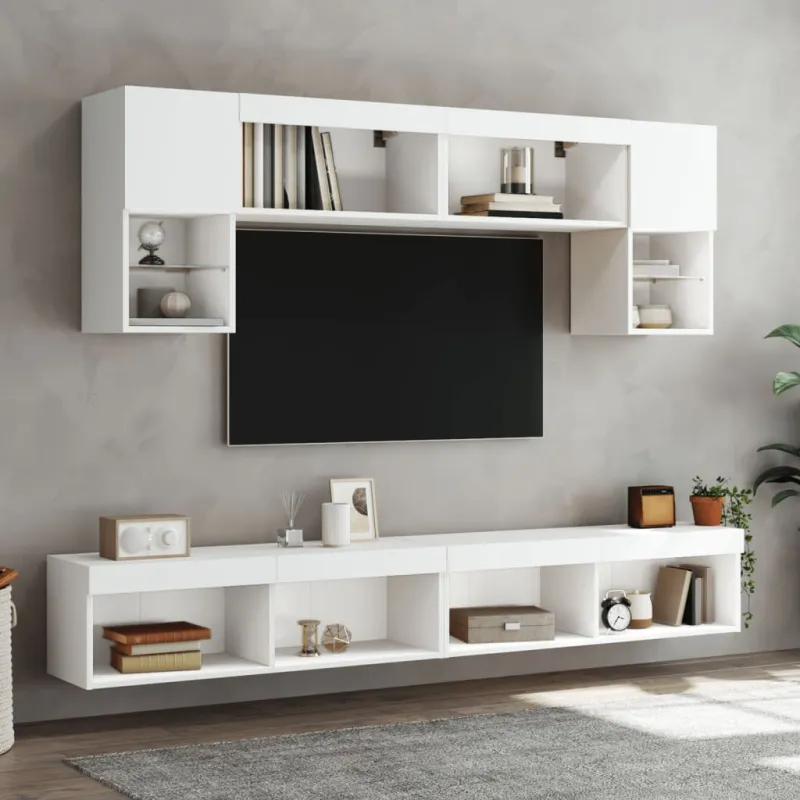 Sieninė TV sekcija su LED, 6 dalių, balta, apdirbta mediena