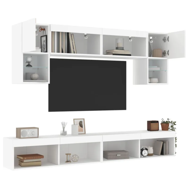 Sieninė TV sekcija su LED, 6 dalių, balta, apdirbta mediena