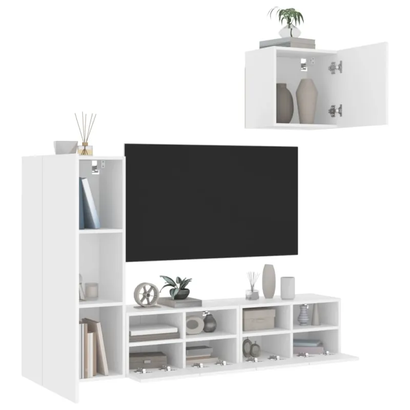 Sieninė TV sekcija, 4 dalių, baltos spalvos, apdirbta mediena