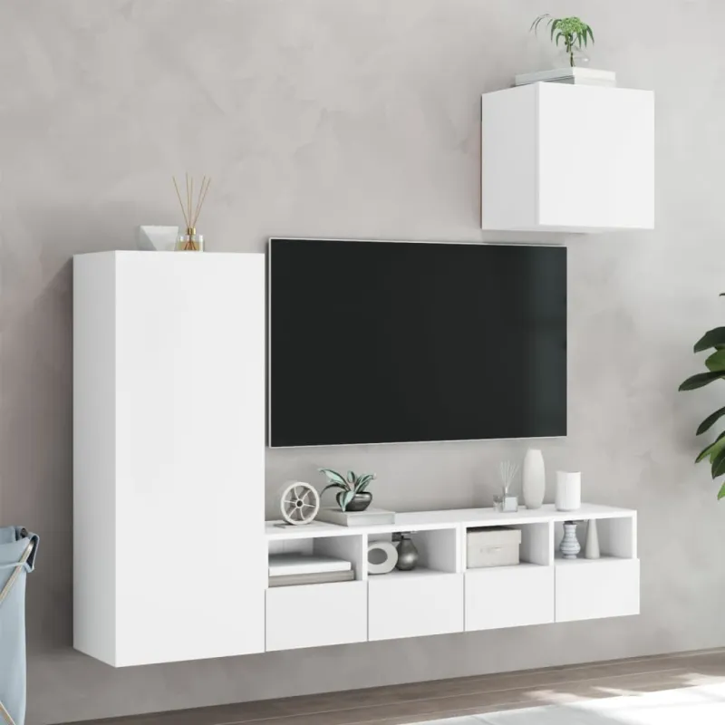 Sieninė TV sekcija, 4 dalių, baltos spalvos, apdirbta mediena