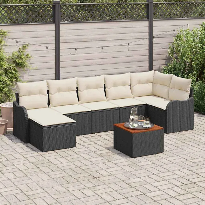 Sodo sohvaryhmä 8 osaa, musta ja kermainen, polyrattangia