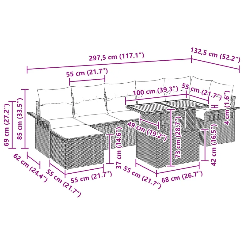 Sodo Sofų Rinkinys 8 pcs Pilka ir tamsiai mėlyna poliratanas
