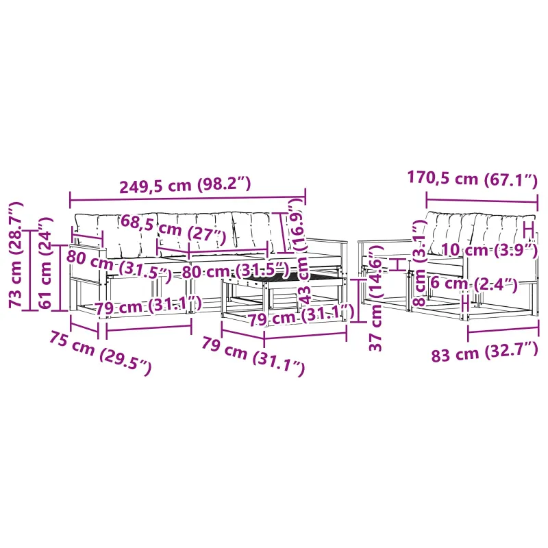 Lauko sofos komplektas 6 pcs Natūrali ir šviesiai pilka