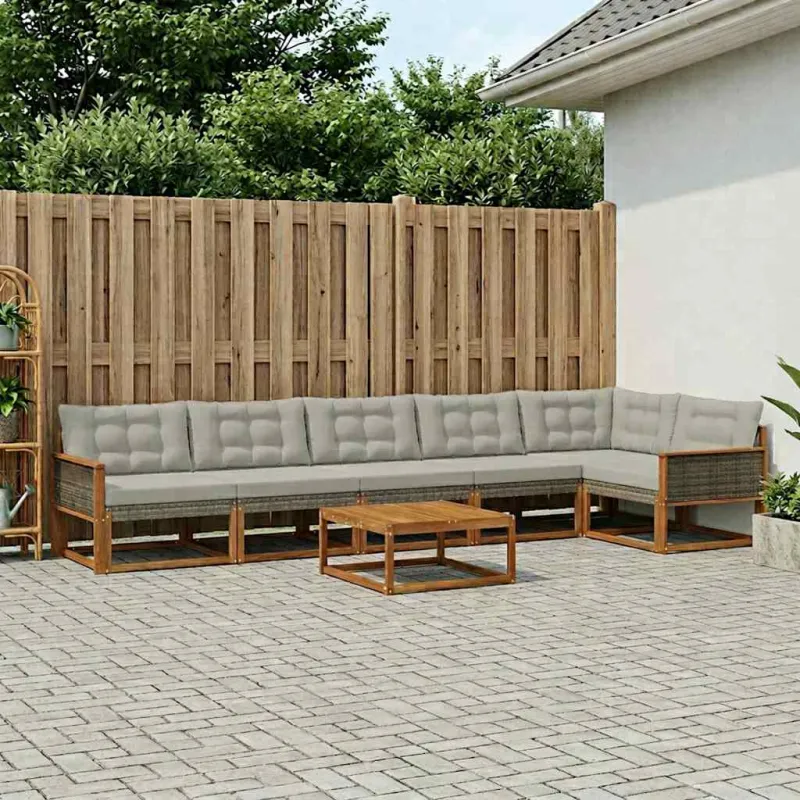 Lauko sofos komplektas 7 pcs Natūrali ir šviesiai pilka