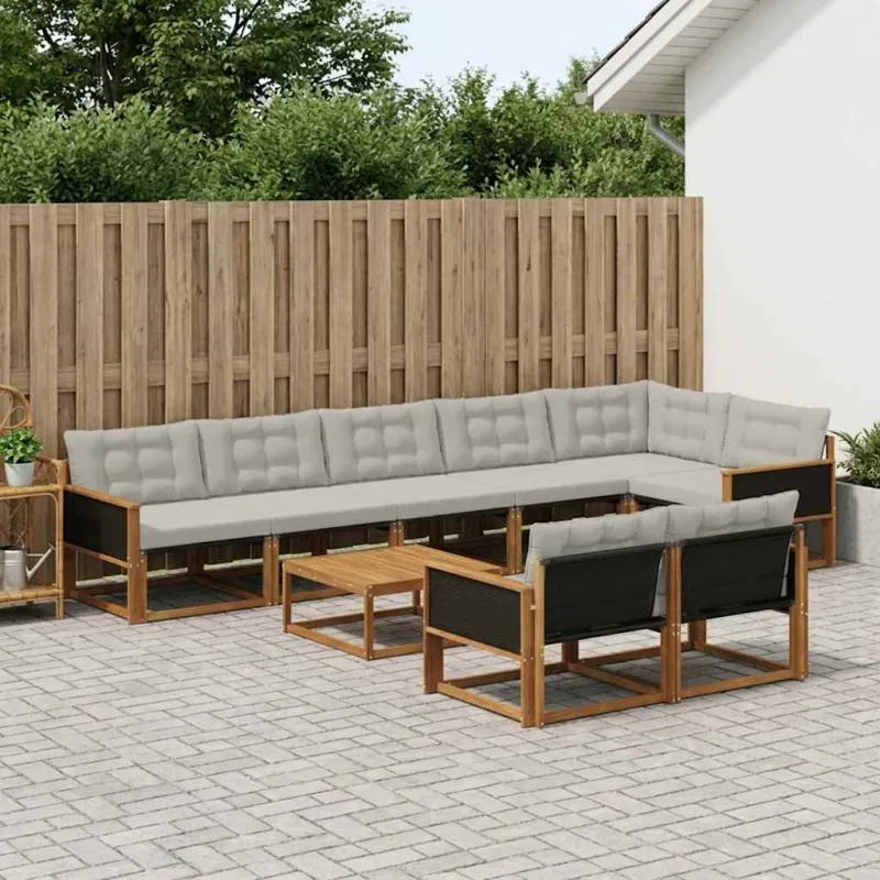 Lauko sofos komplektas 9 pcs Natūrali ir šviesiai pilka