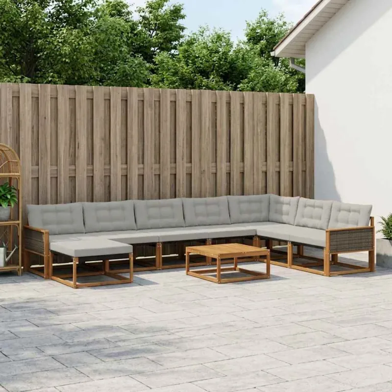 Lauko sofos komplektas 9 pcs Natūrali ir šviesiai pilka